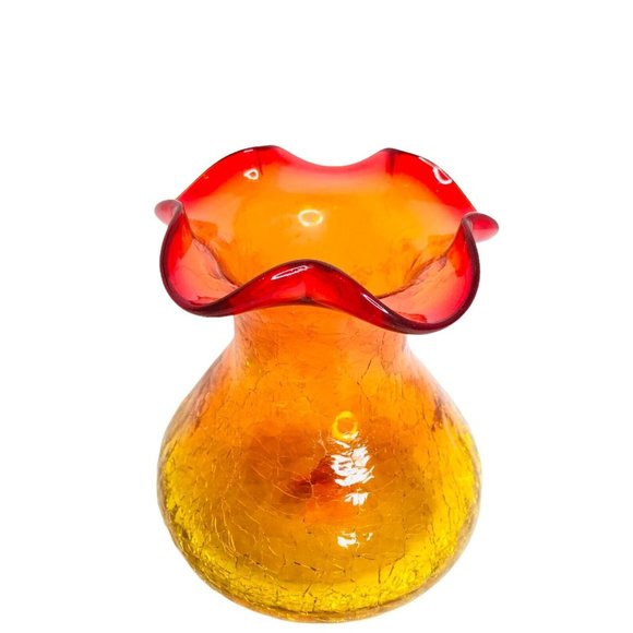 Vintage Hand Blown Rainbow Glass Co.4.5" Crackle Amberina Bud Vase Ruffled Edge - Picture 3 of 8